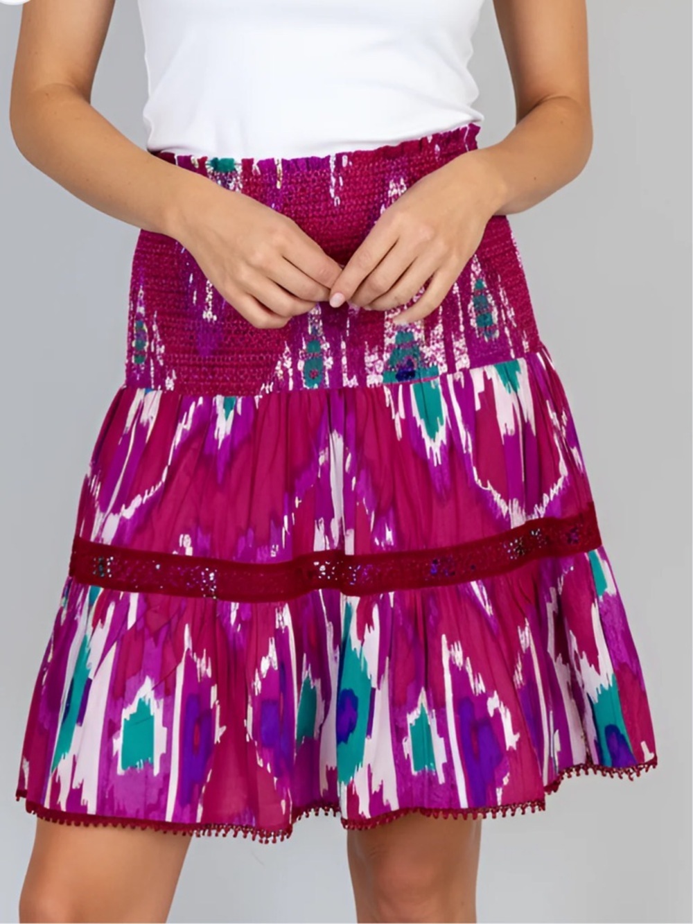 La Plage Cory Smocked Skirt - Ikat Fuchsia, Turquoise Multi 100% cotton